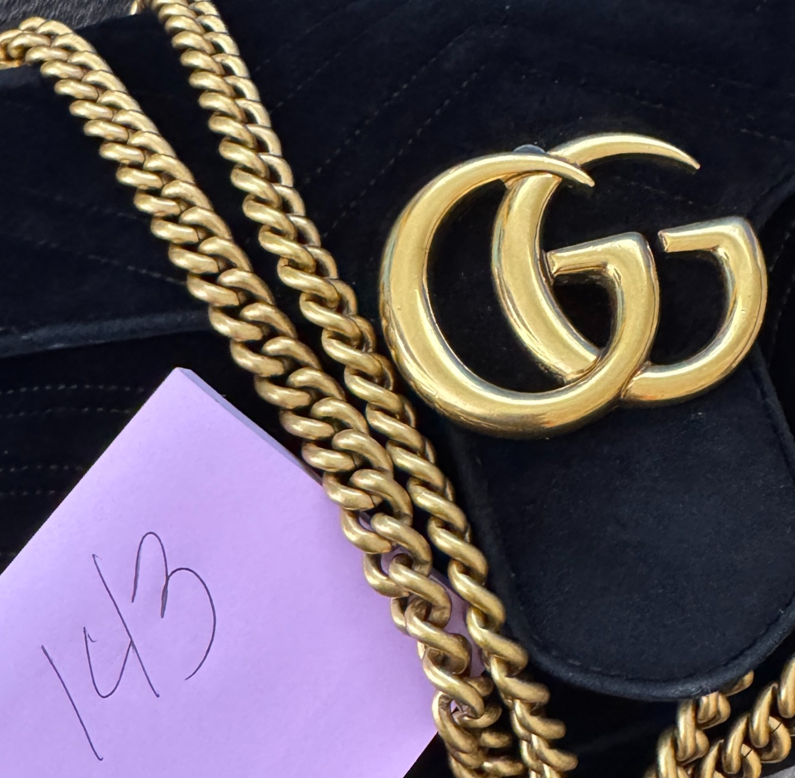 Gucci Auth Black Double G Marmont Medium Velvet Crossbody Shoulder Chain GG Bag