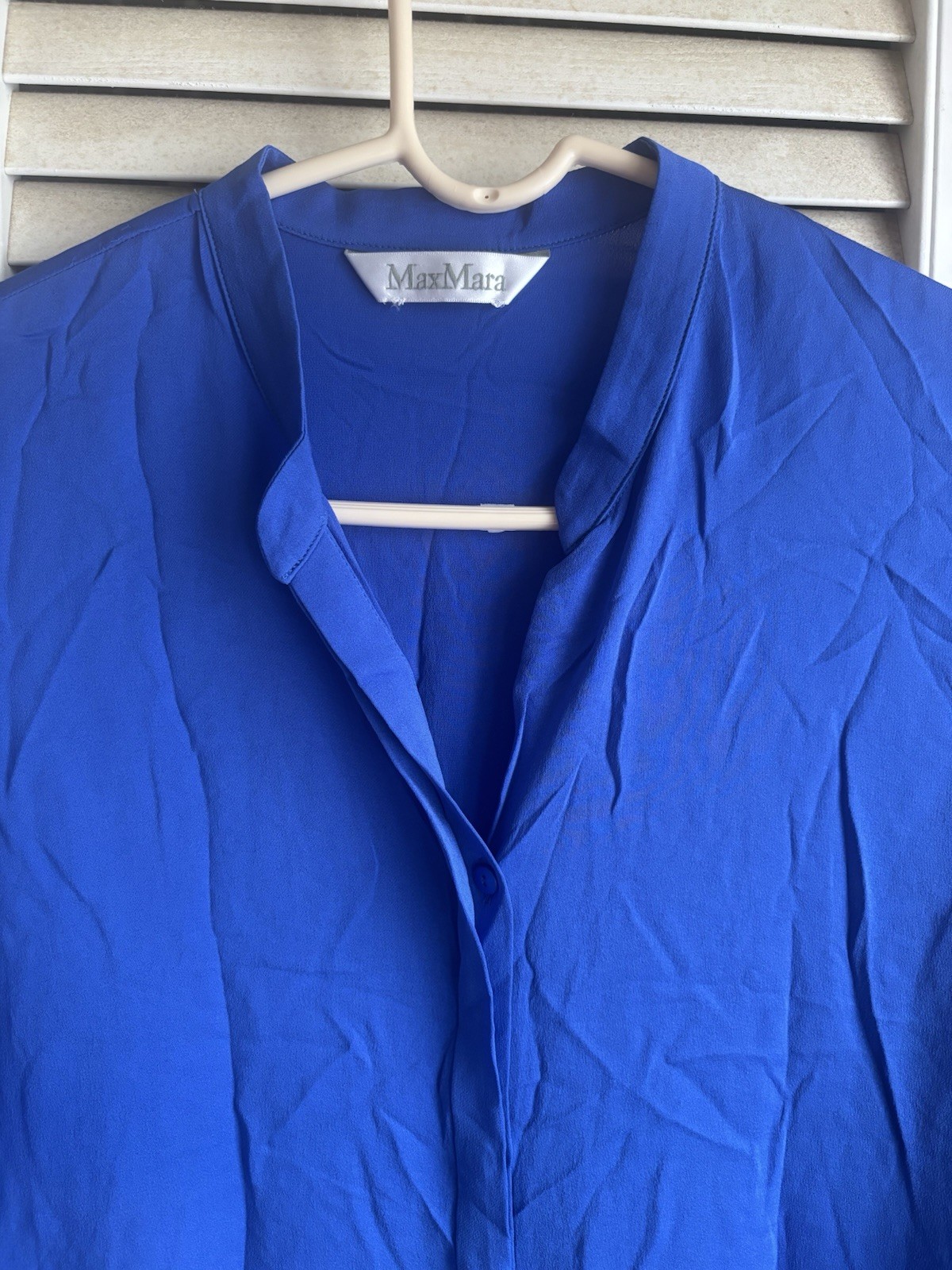 $845 Max Mara Blue Long-Sleeve Solange Georgette Asymmetric Silk Blouse Top 4