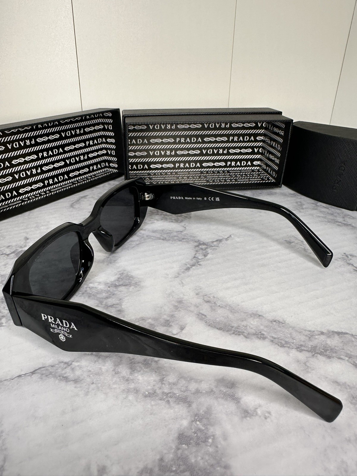 PRADA SPR 17W-F Rectangle Sunglasses Black Frame Gray Tinted Lens