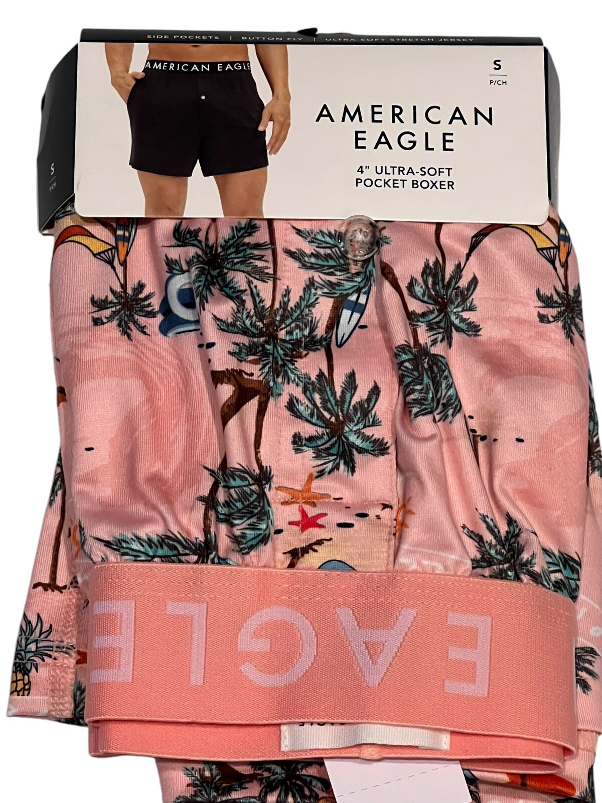 NWT AMERICAN EAGLE Ultra Soft Pocket Boxer Sz XS-S-M-L-XL Pink Palm Trees #78