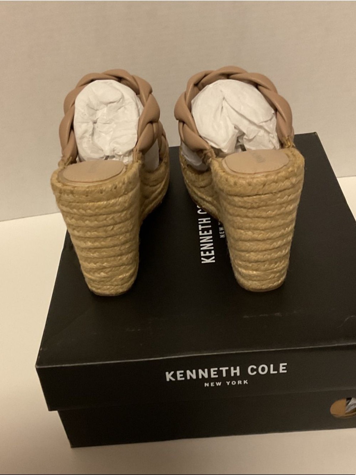 Kenneth Cole Tan Braided Double-Strap Espadrille Wedge Slides