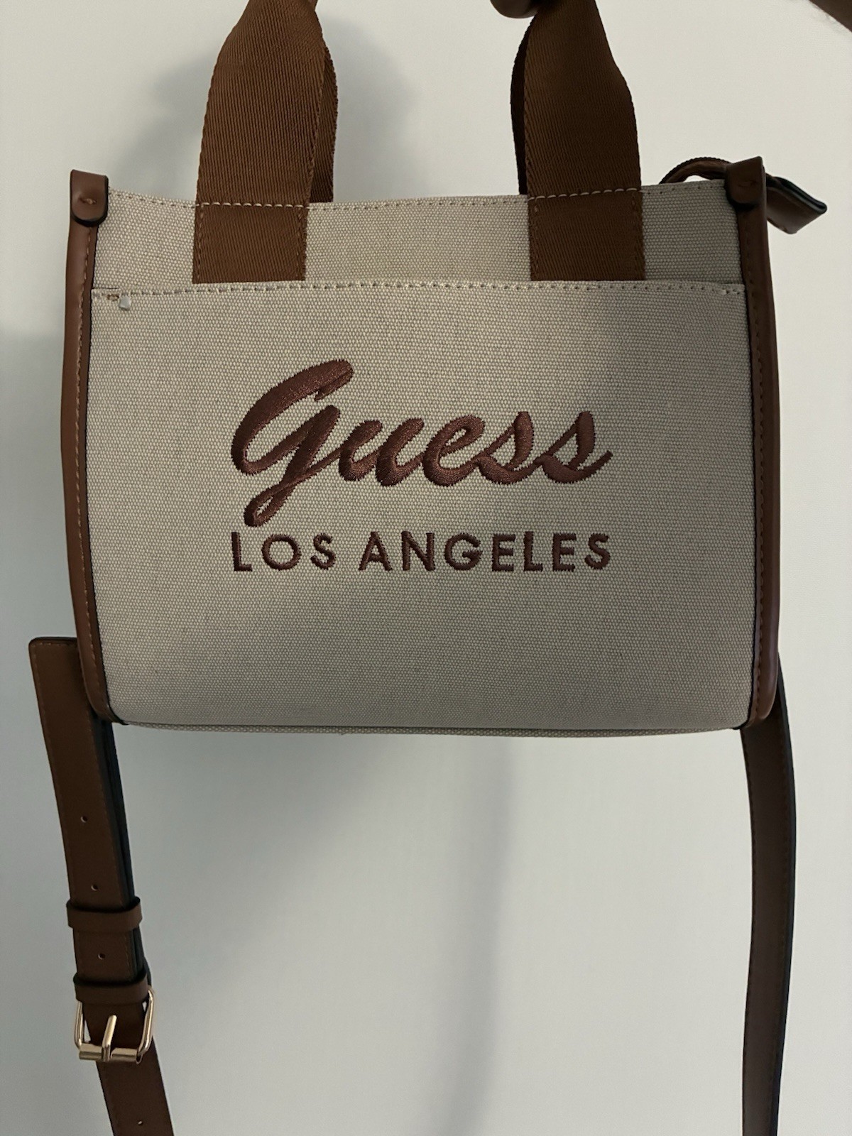 GUESS Jackie Mini Small Tote Bag Handbag Crossbody Brown Natural CB157581 NWT