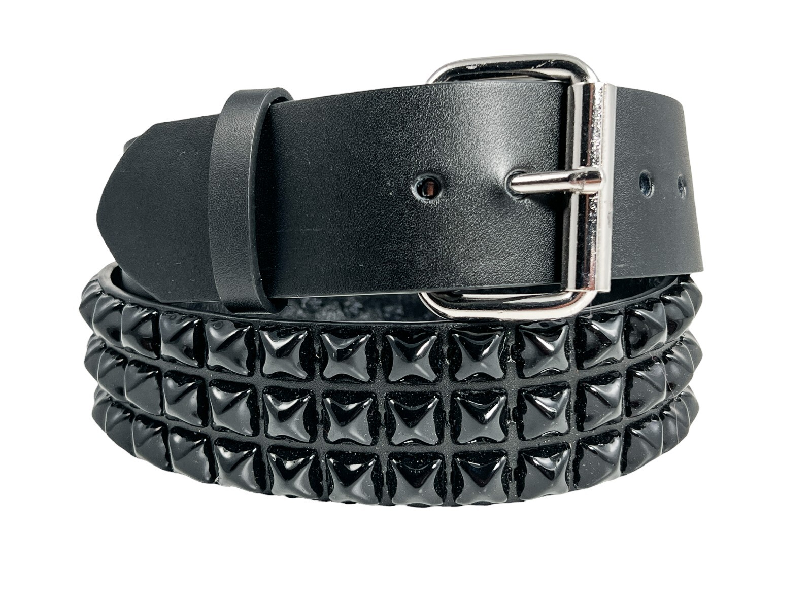 Black Pyramid Stud Belt Genuine Leather Three Row Rock Goth Sid Vicious Punk
