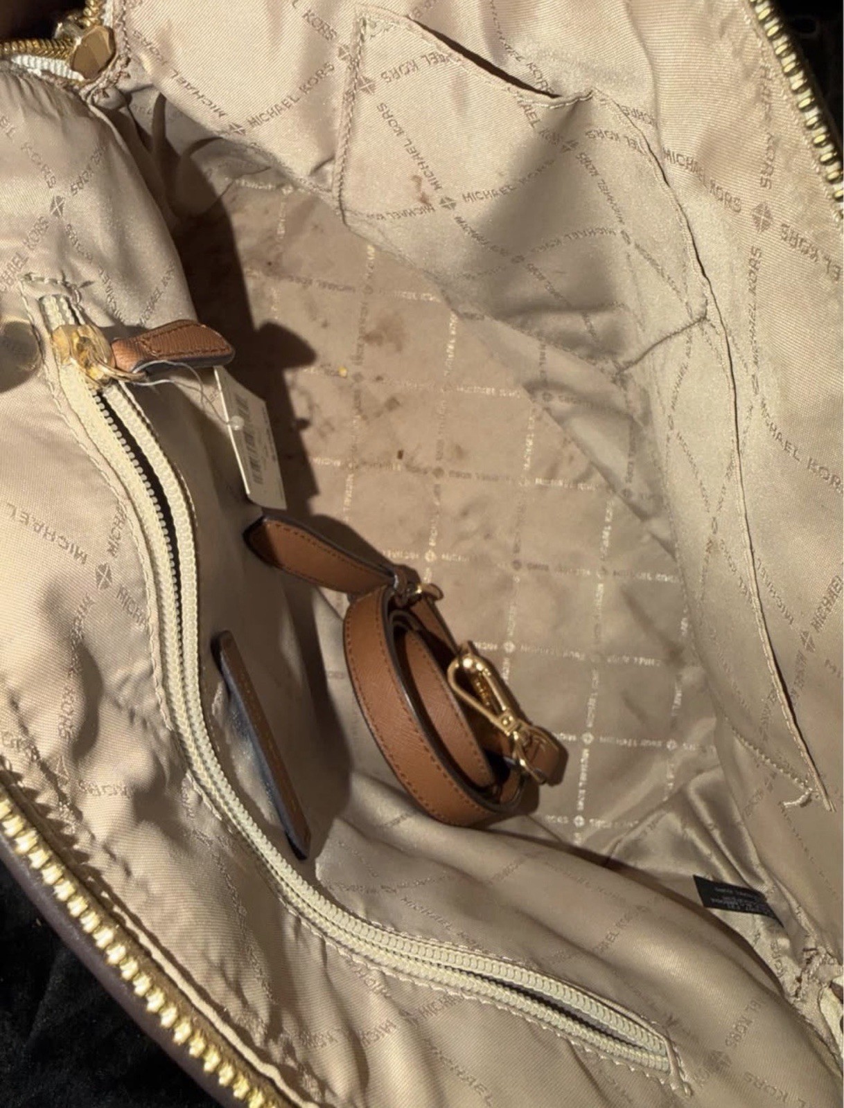 Michael Kors Signature Logo Vanilla Satchel Top Handle Zip Gold Detachable Strap