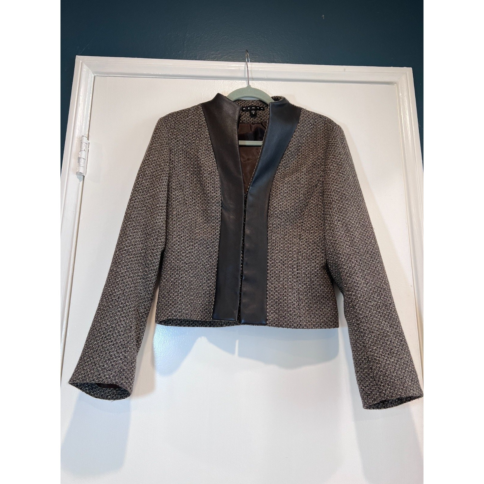 PENTA 100% Wool Tweed Jacket Women’s 6 Genuine Leather Trim Open Front Blazer