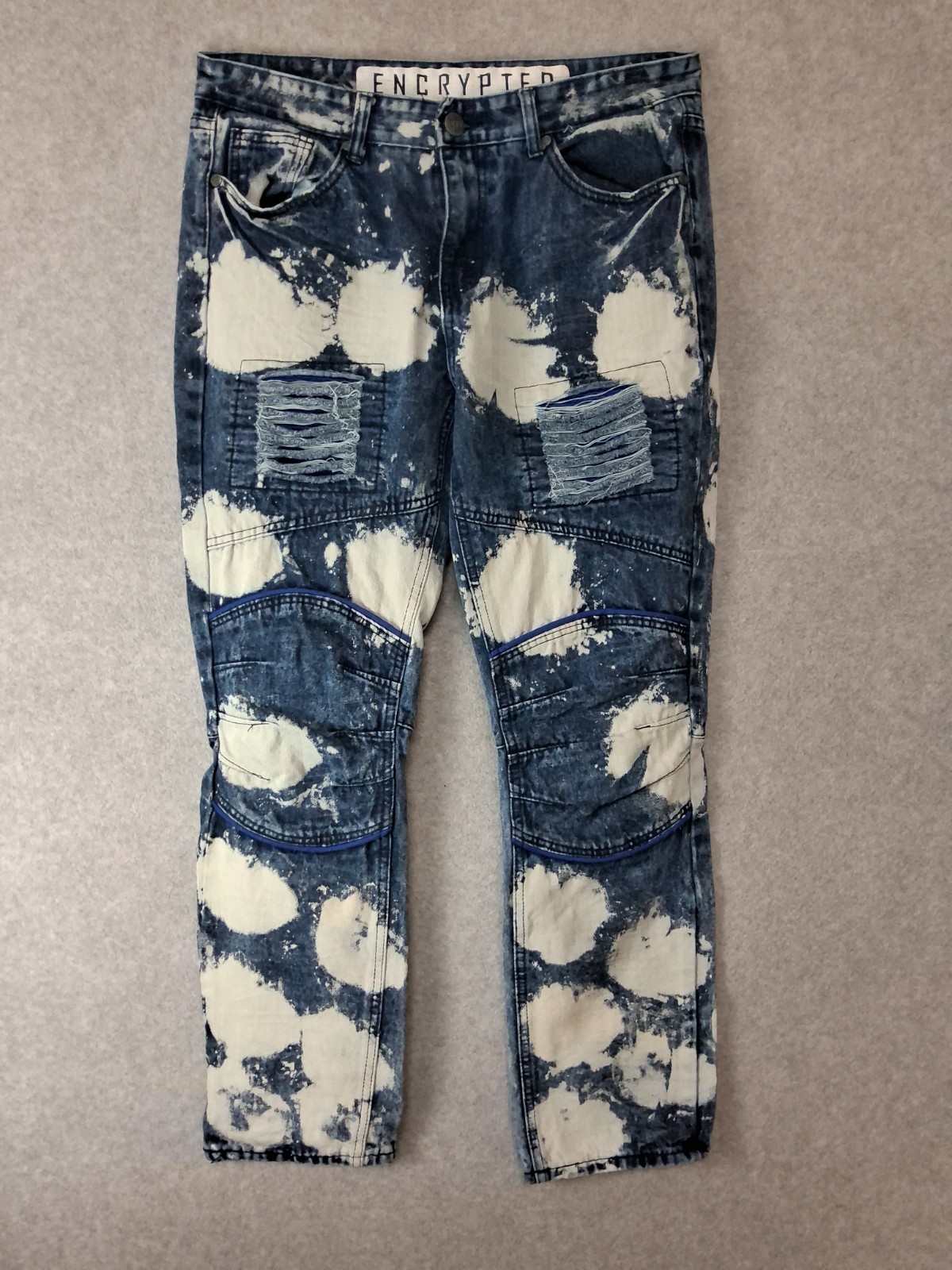 Encrypted Distressed Moto Jeans Mens 36×32 Acid Wash Biker Denim Y2K