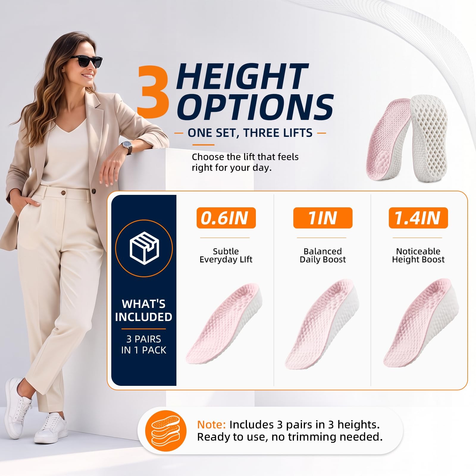 3 Pairs Height Increase Insoles for Women – Comfort Height Booster Insoles wi…
