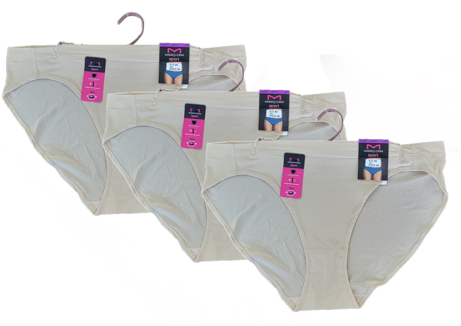Maidenform Women’s 3 Pack Sport Bikini Beige , Moisture Wicking 2XL/9