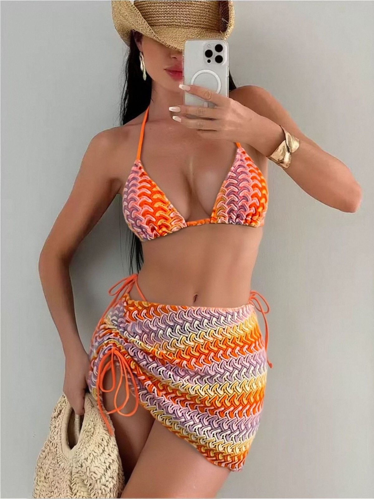 3Piece Wave Print Halter Bikini Set With Drawstring Cover Up Skirt WomenSwimsuit