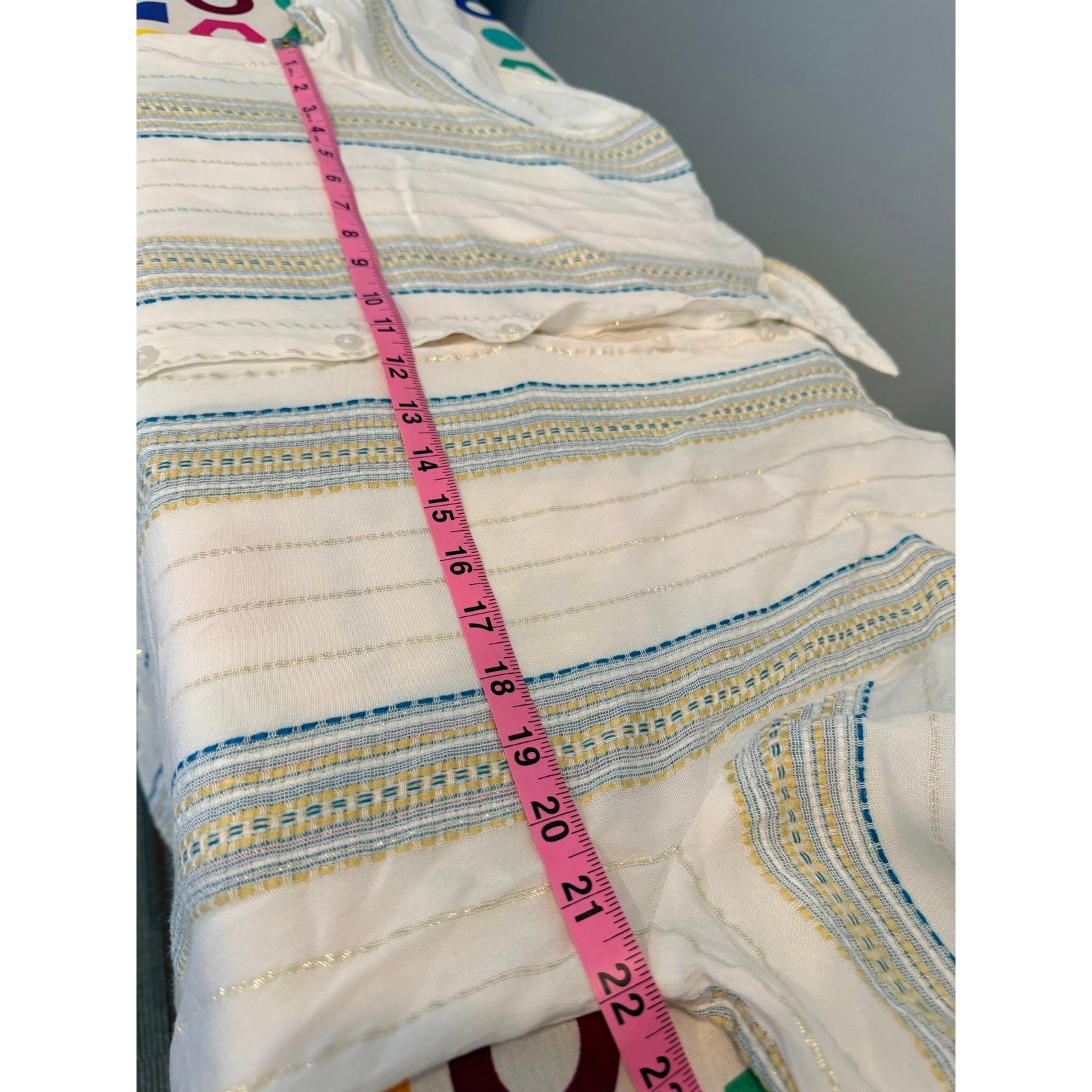 Elan Large Boho Embroidered Striped Metallic Lurex Button Down Tunic Blouse