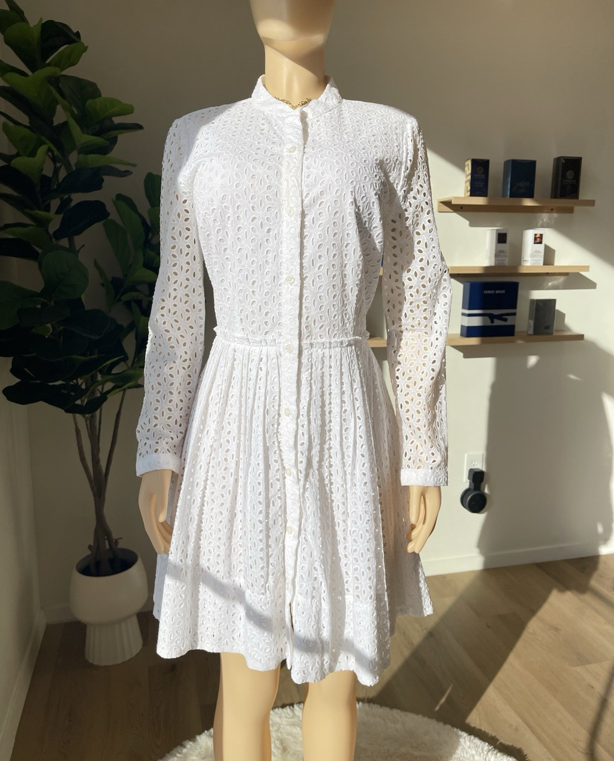 Michael Kors White Eyelet Shirt Dress Collared Button Front Long Sleeve 10