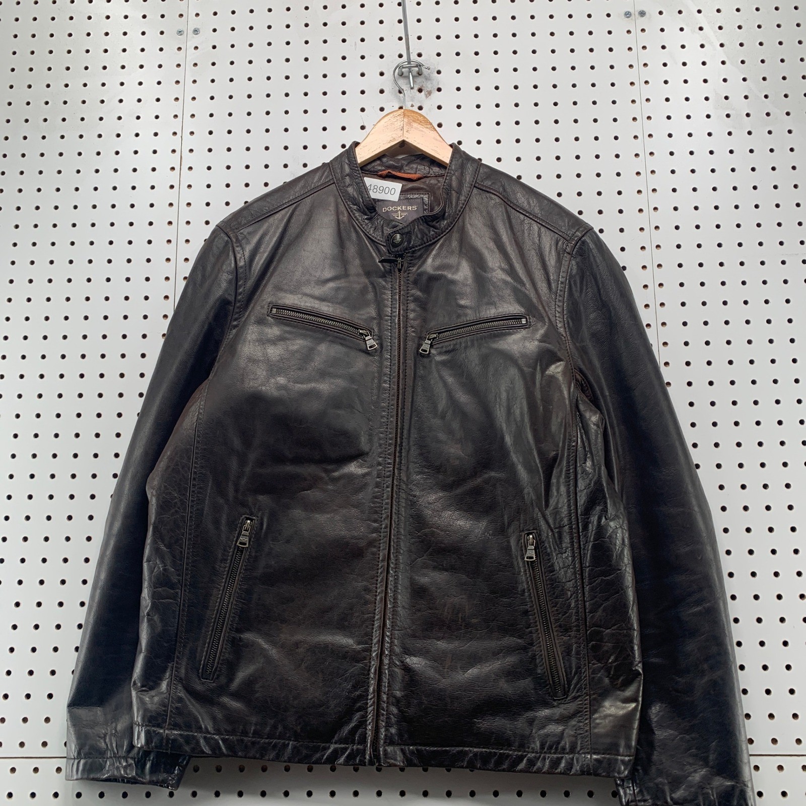 Dockers Leather Cafe Racer Jacket Mens XL Espresso Brown Moto Quilted Lining