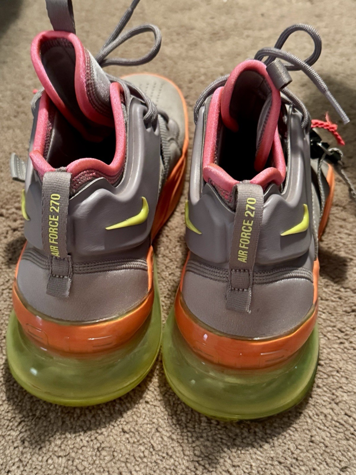 Nike Air Force 270 Gray Orange Neon Pink Men’s Mid Lace Up Strap Sneaker Size 8