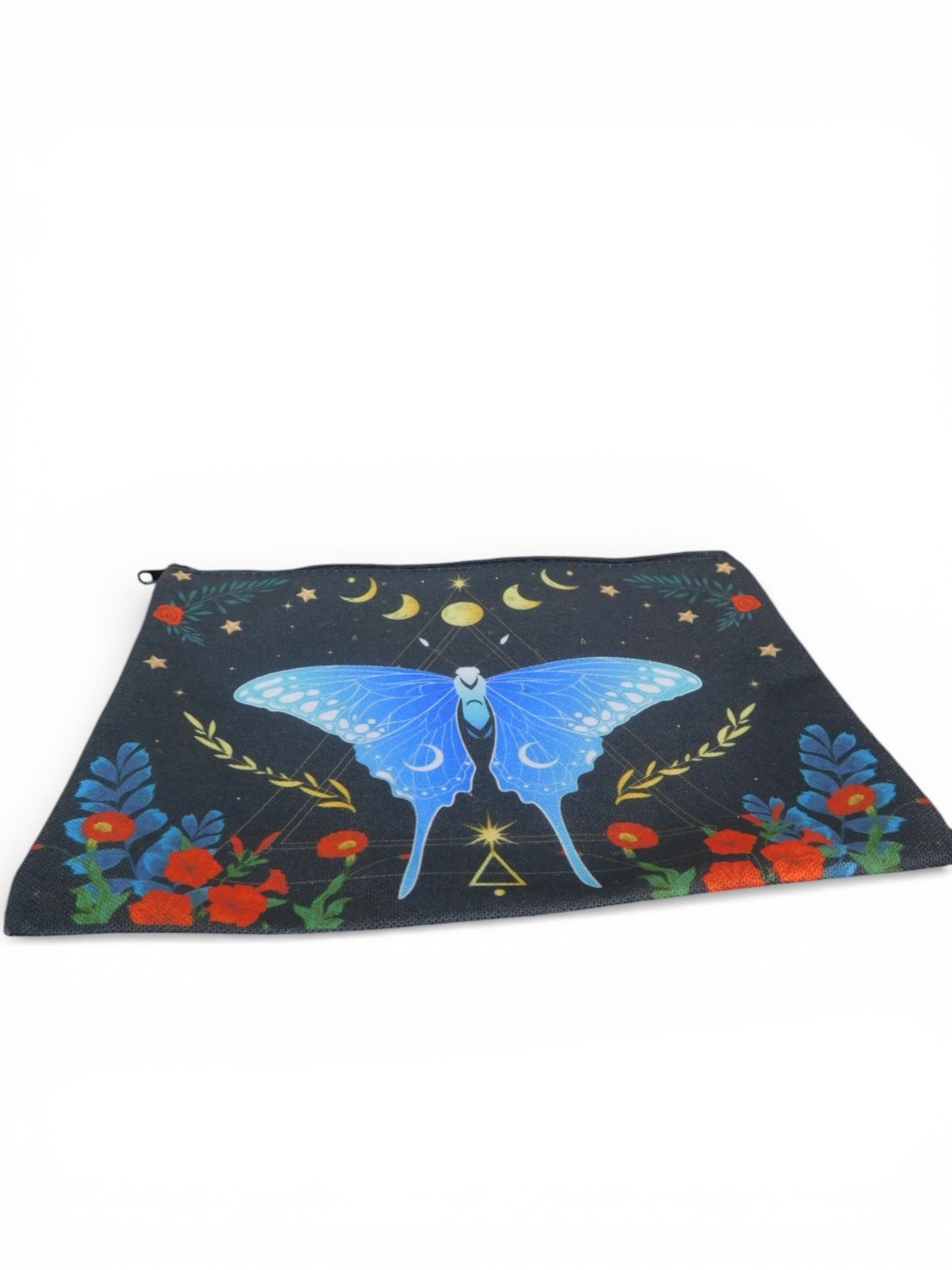 Butterfly Clutch Bag Womens Small Black Canvas Zip Pouch Moon Stars Flowers