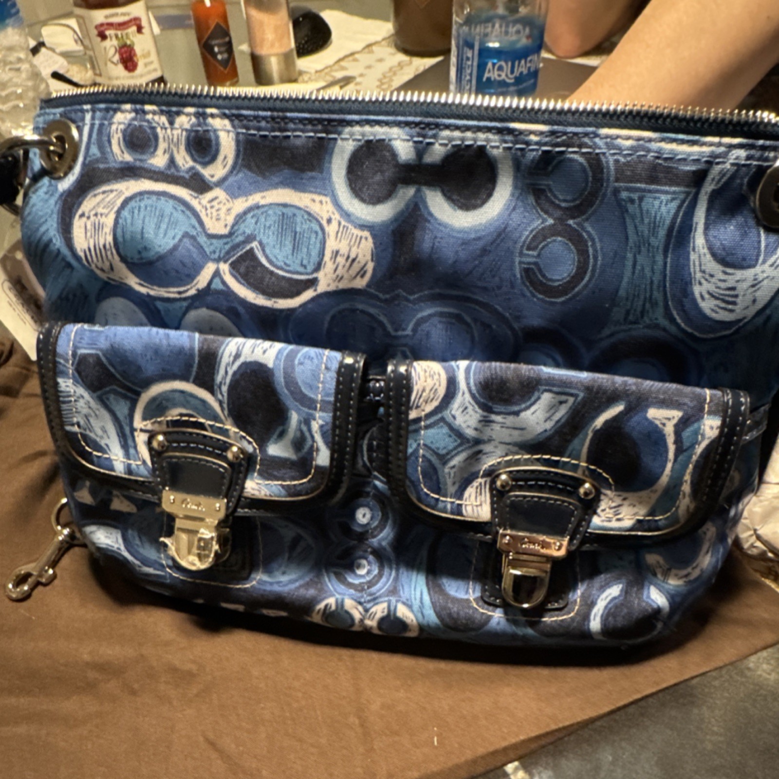 Coach Blue White Logo Pattern Shoulder Bag Detachable Strap Designer Accent
