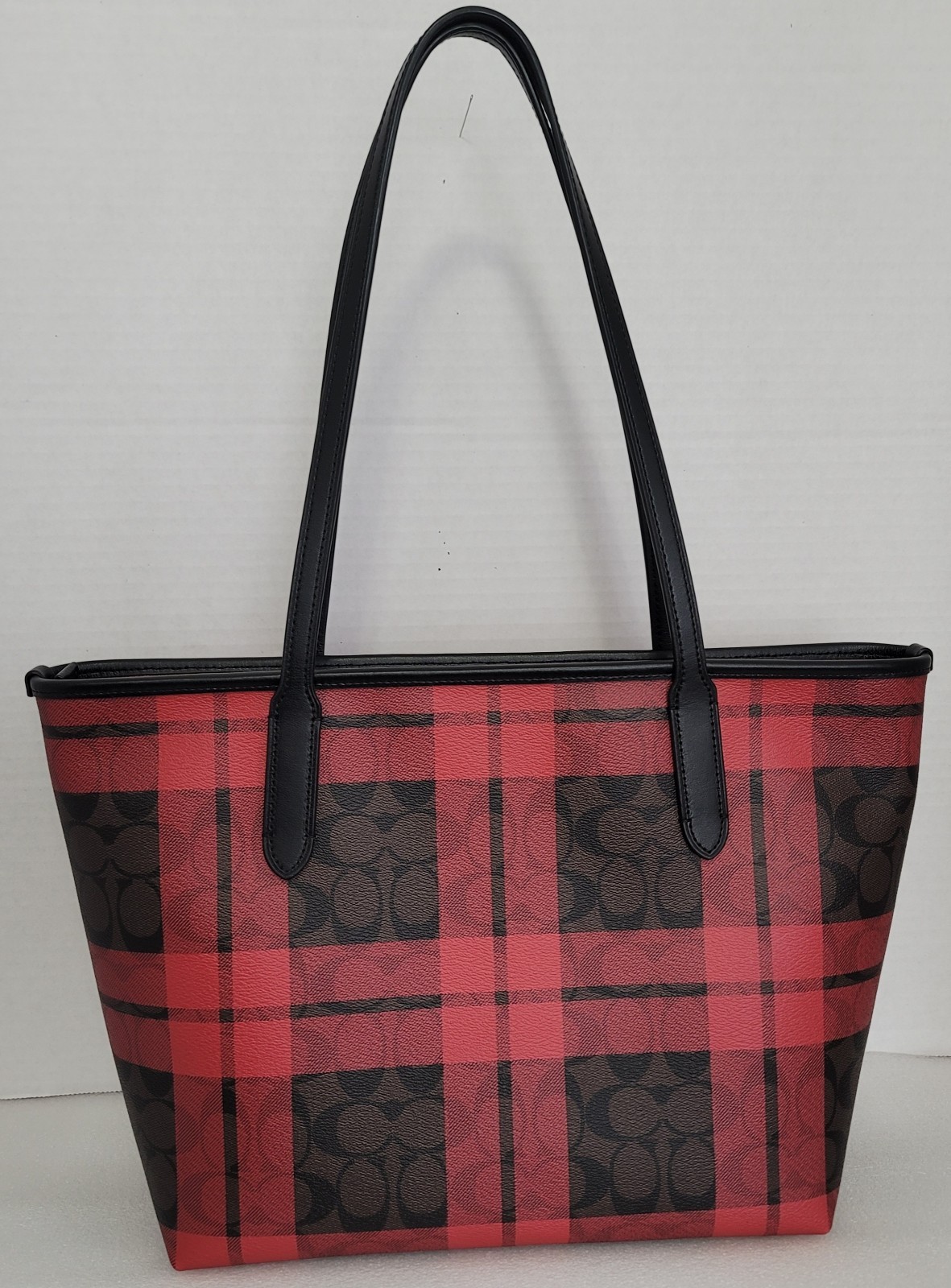 Coach Large Red Plaid Signature Tote Double Handles Open Top Bag Charm Gold