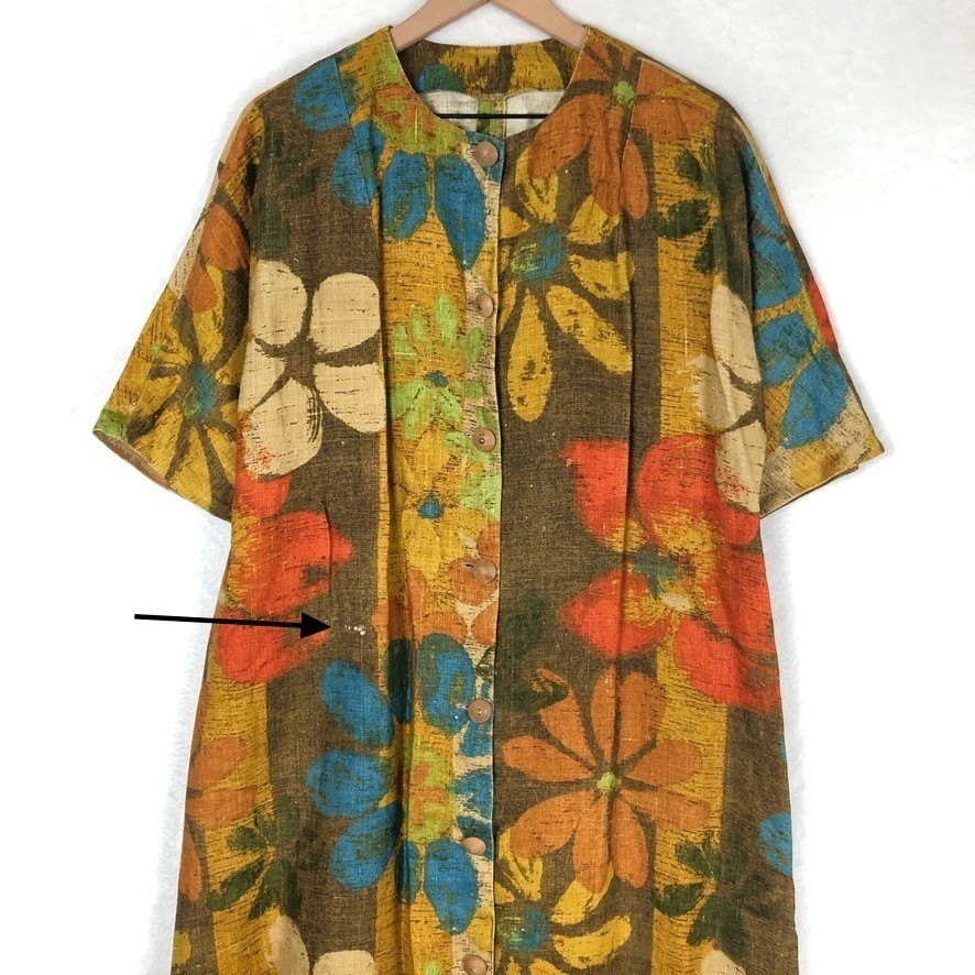 VTG 70s Floral Button Front Maxi Dress Duster Sz L Earthy Retro Homemade