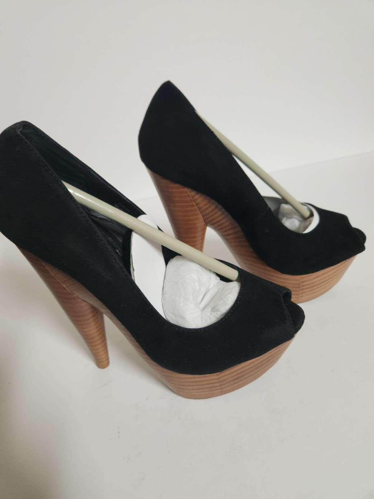 Mixx Shuz Black Faux Suede Peep Toe Platform Cone Heels Wood Grain Women’s…