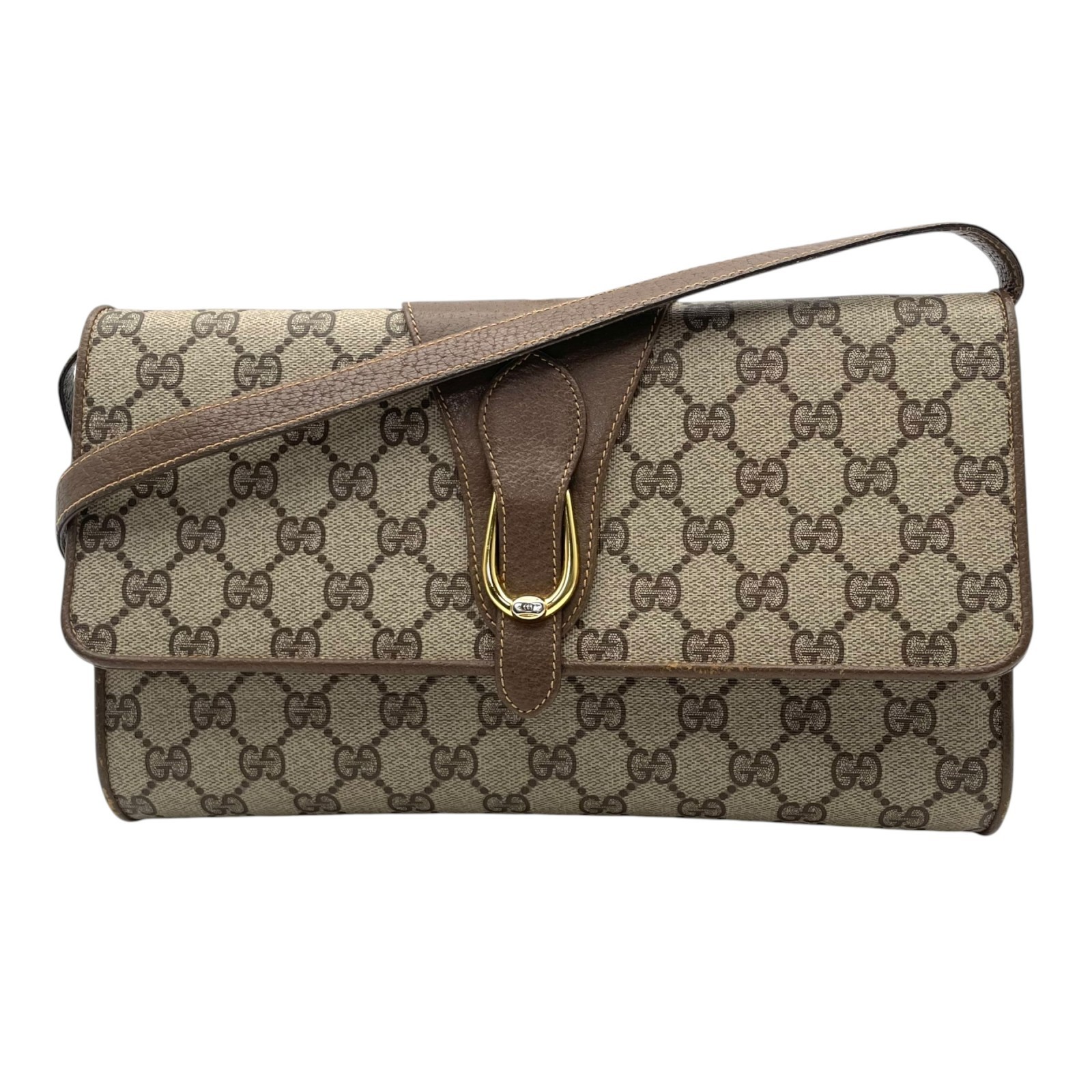 Authentic GUCCI GG Plus PVC Leather Shoulder Bag Messenger Grey Brown Gold