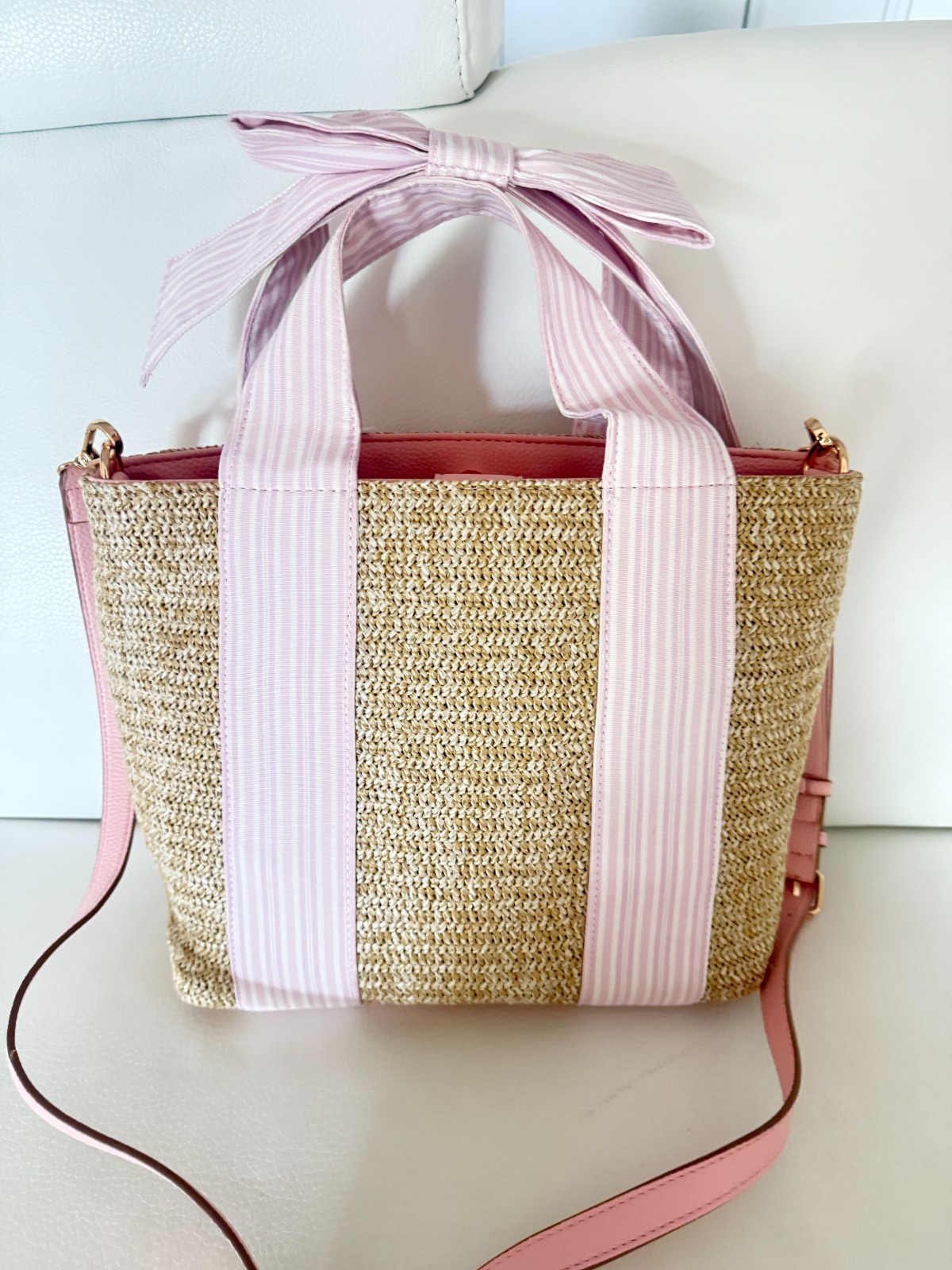 NWT NANETTE LEPORE BESSY TOTE CROSSBODY BAG NATURAL PINK GINGHAM W BOW