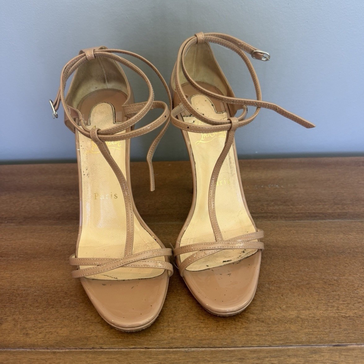 Christian Louboutin Nude Patent Leather Strappy Ankle Strap Heels EU 36.5