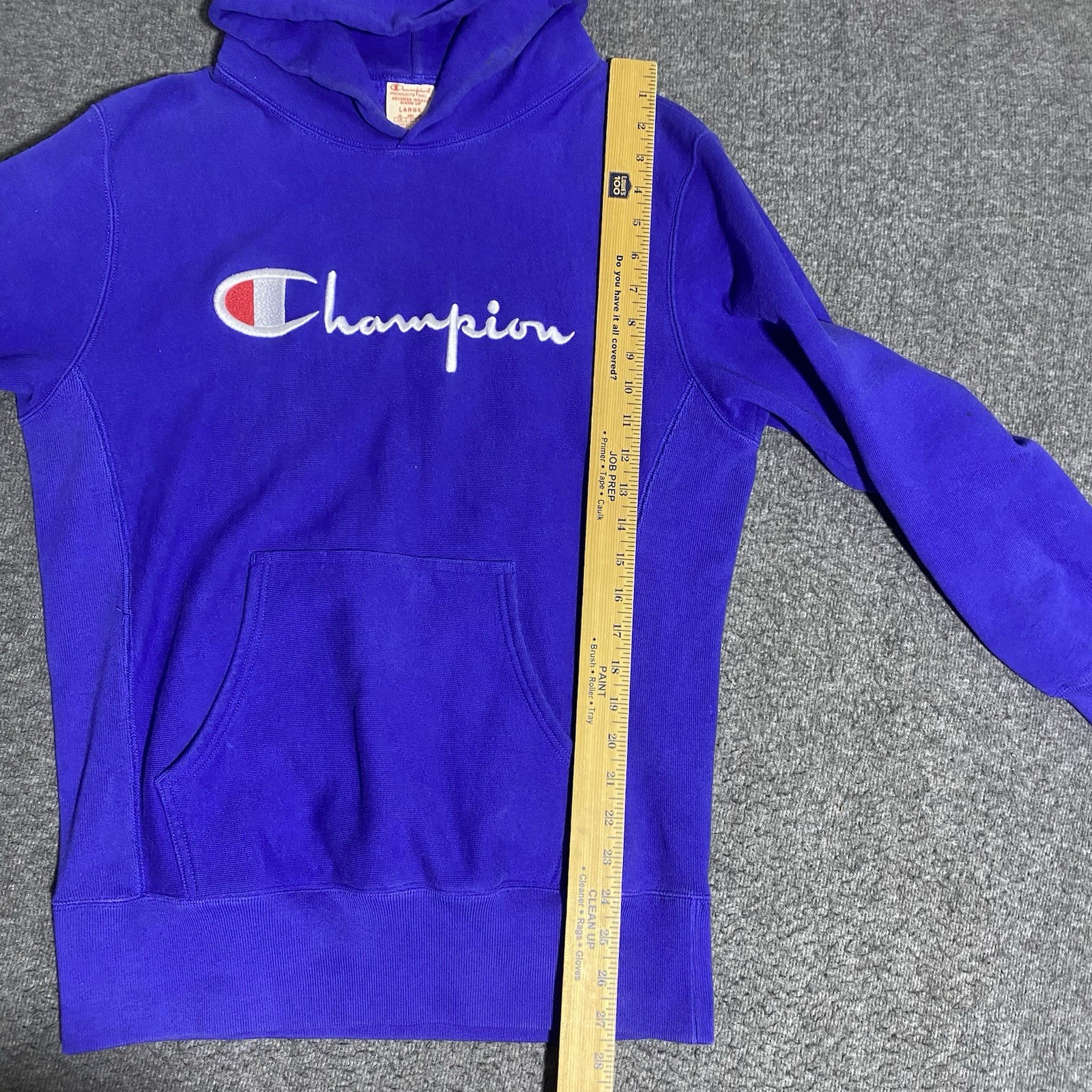 Vtg Champion Reverse Weave Large Blue Embroidered Pullover Hoodie Warm Up Script