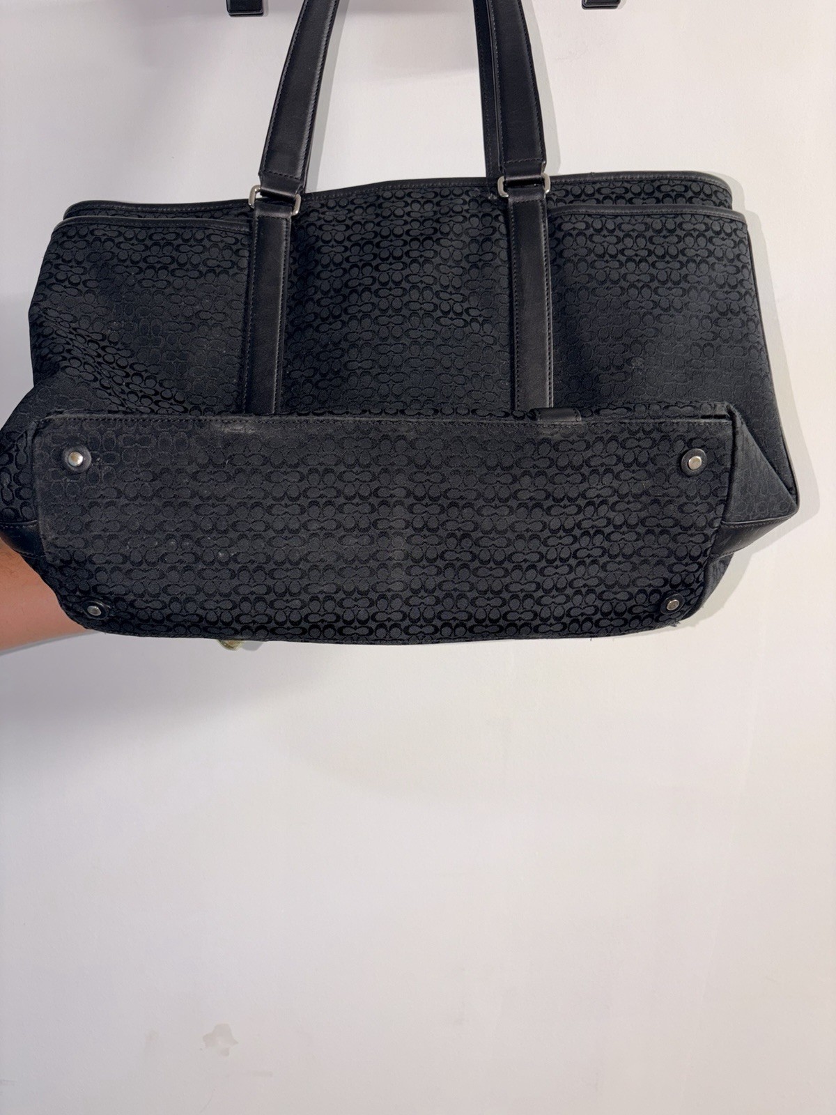 Coach Signature Black Zip Top Tote Shoulder Bag Double Handles Bag Charm
