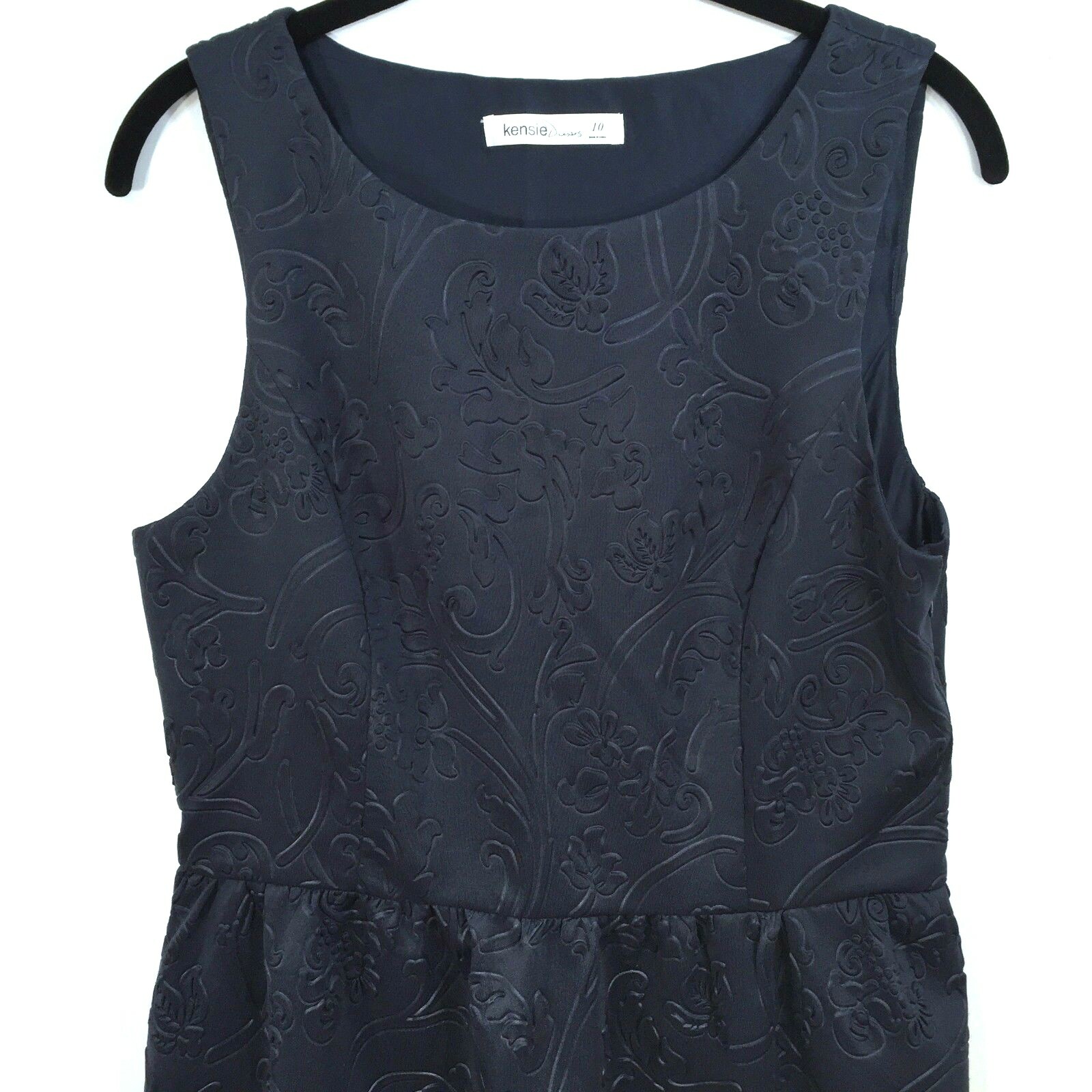 Kensie Dress Size 10 Navy Blue Textured Foliage Sleeveless Side Zipper