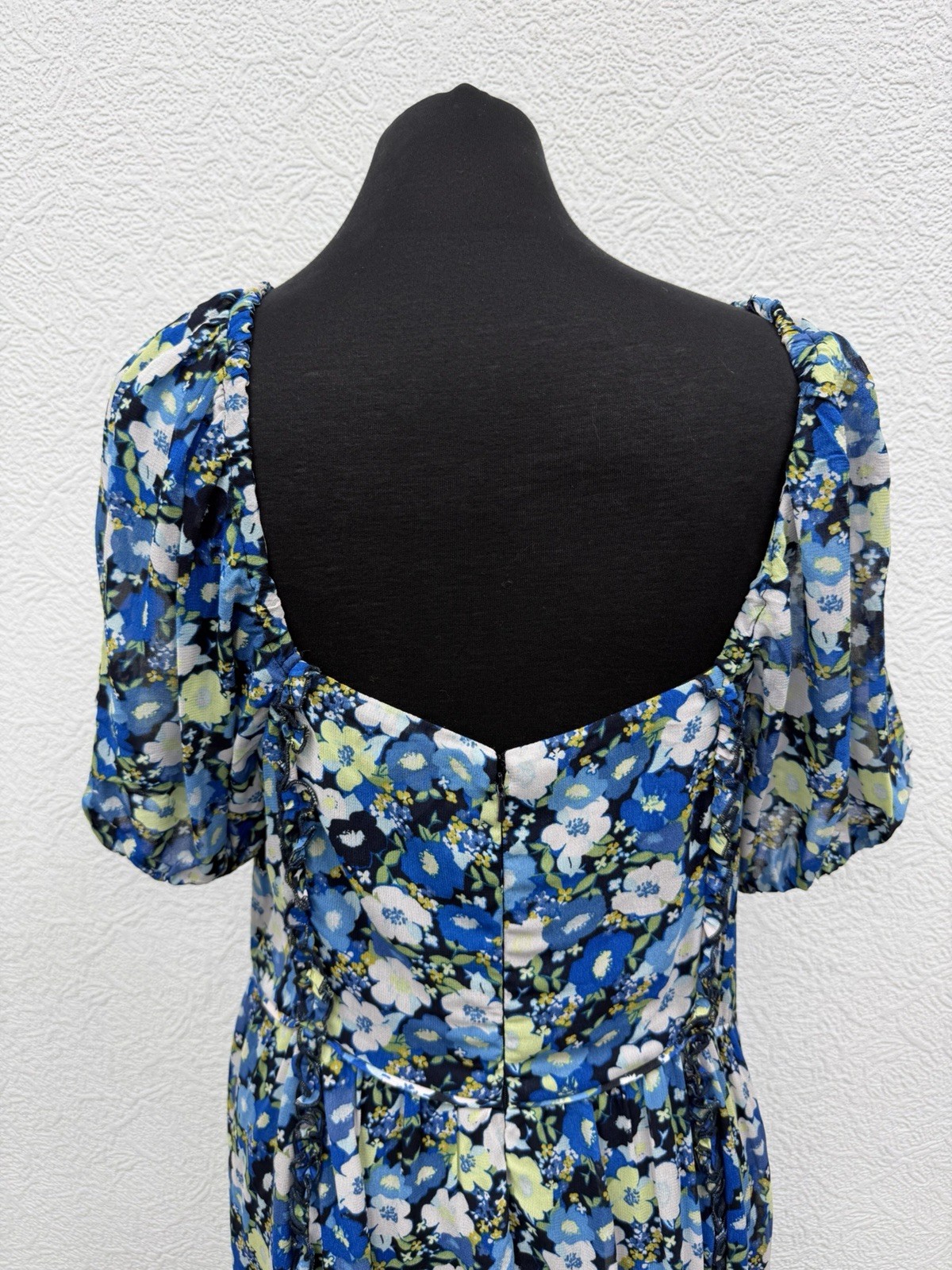 Monsoon Size 16 Dress Blue Floral Midi Maxi Prairie Cottagecore Puff Sleeve
