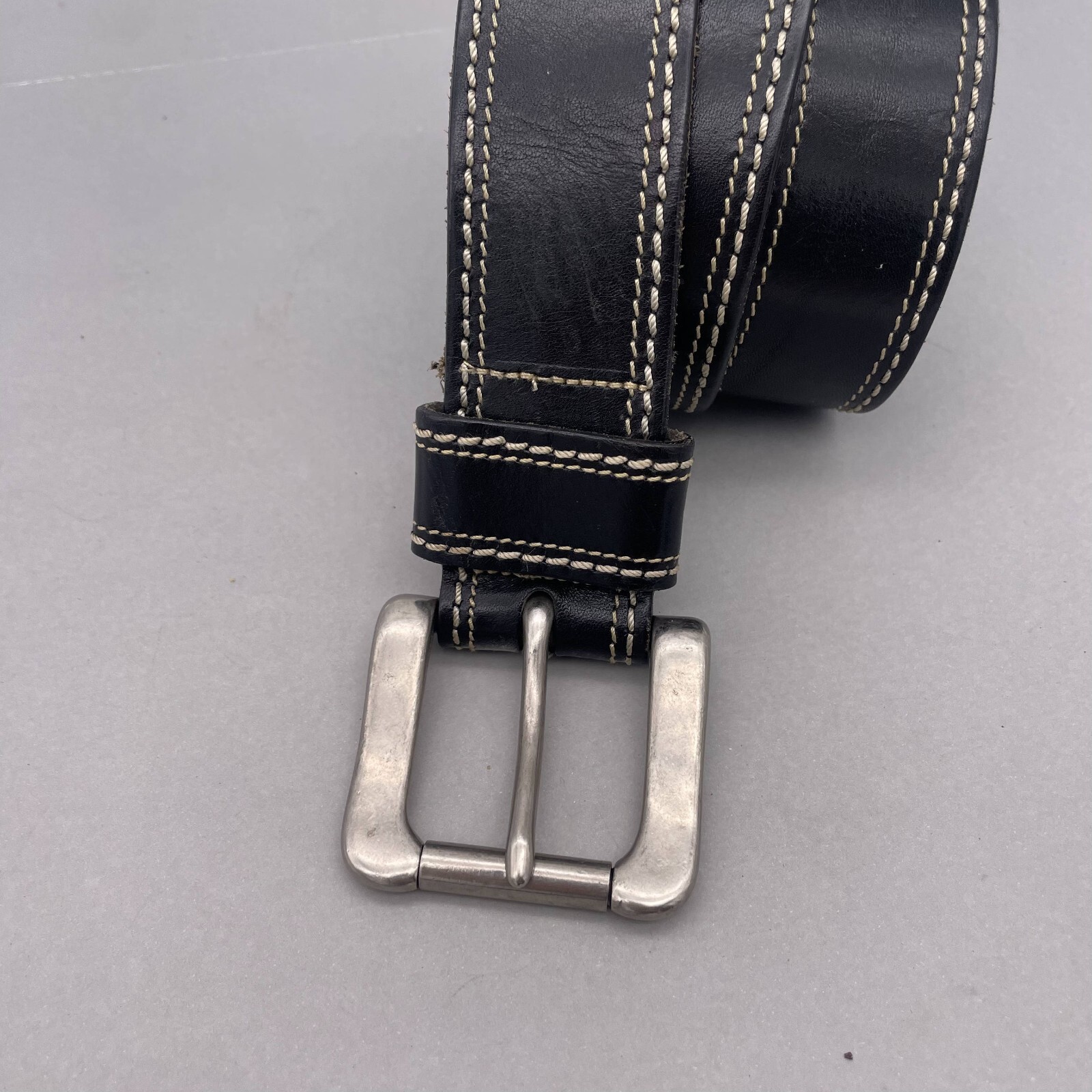 Men’s Black Leather Casual Belt Stitching Detail Silver Tone Buckle Closure 39in