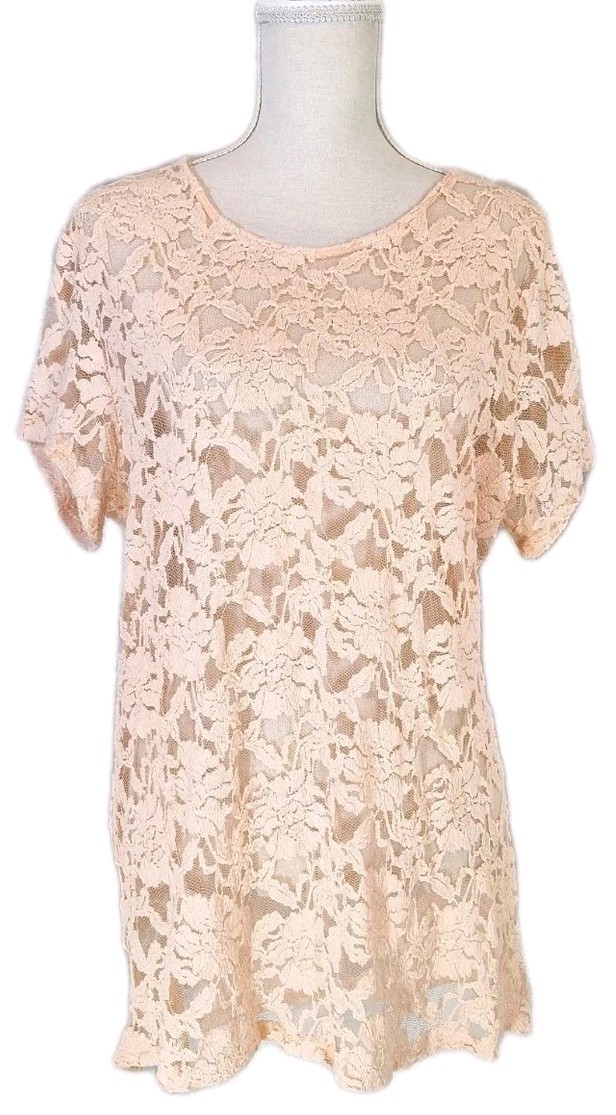 AMBIANCE APPAREL 2X Semi-Sheer Floral Lace Tunic Short Sleeve Blouse Top Peach