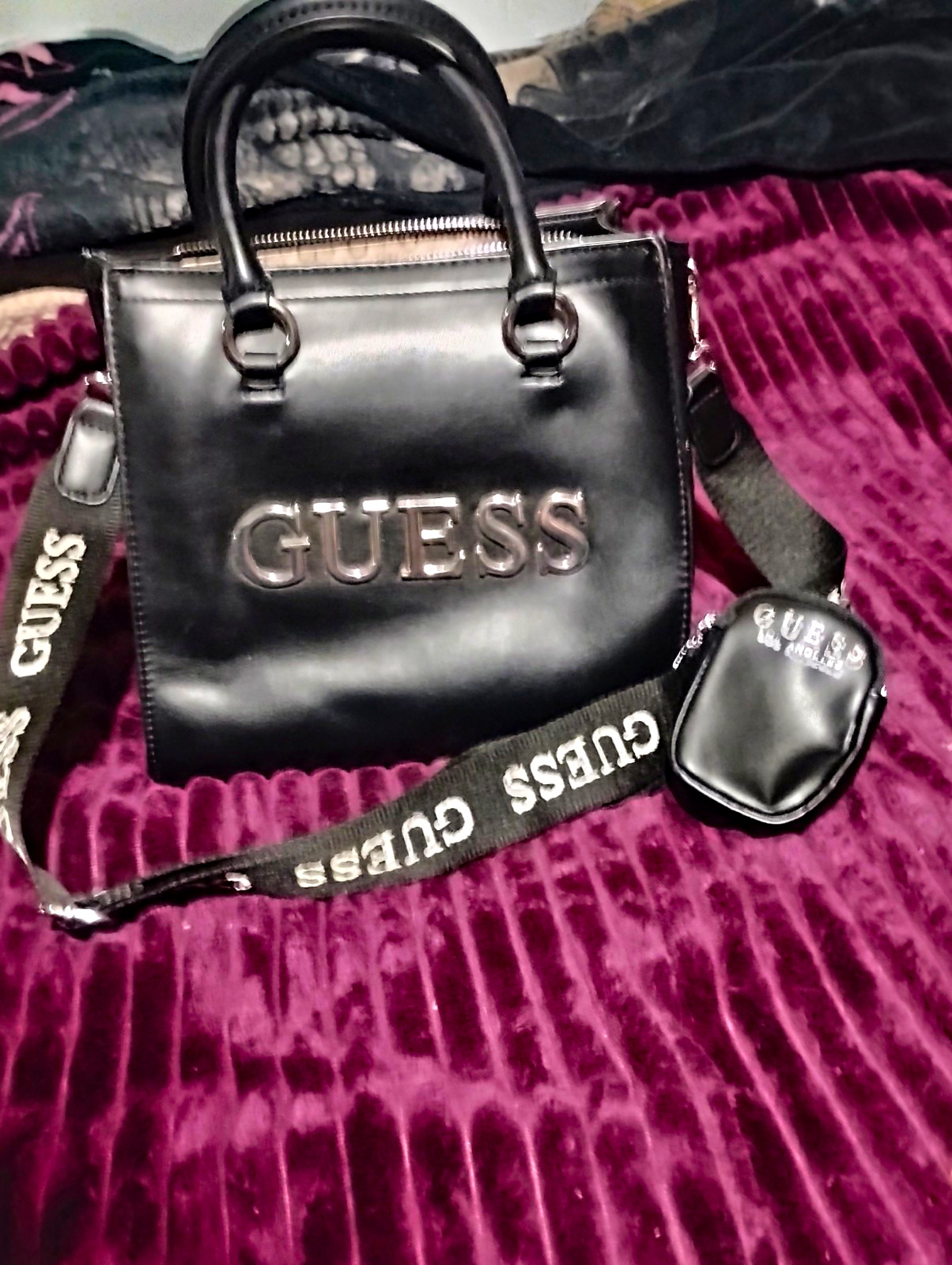 GUESS Black Logo Satchel Top Handle Bag w/ Detachable Strap + Coin Purse