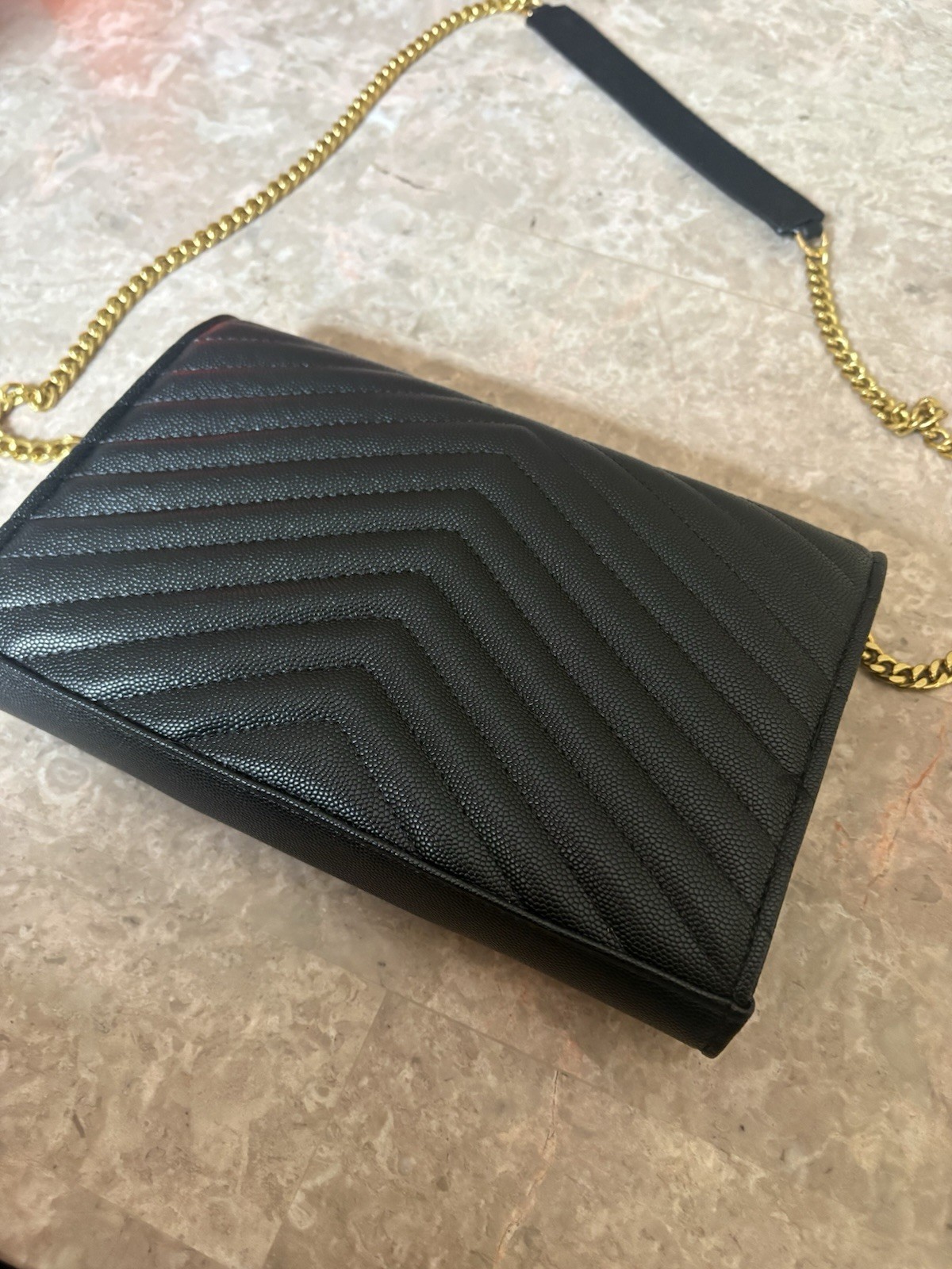 Cassandre Envelope Chain Wallet In Black and Grain de Poudre Leather Women’s