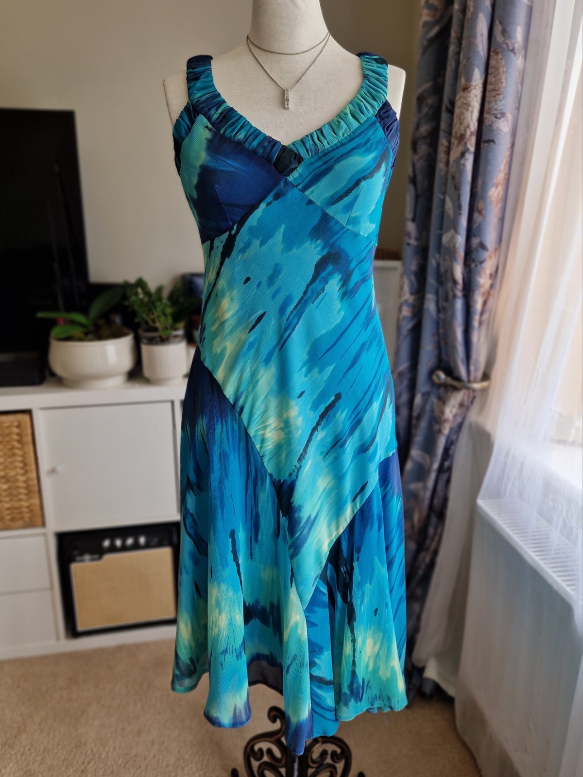 Per Una Blue Aqua Watercolour Midi Dress UK 12 Floaty Fit & Flare Occasion