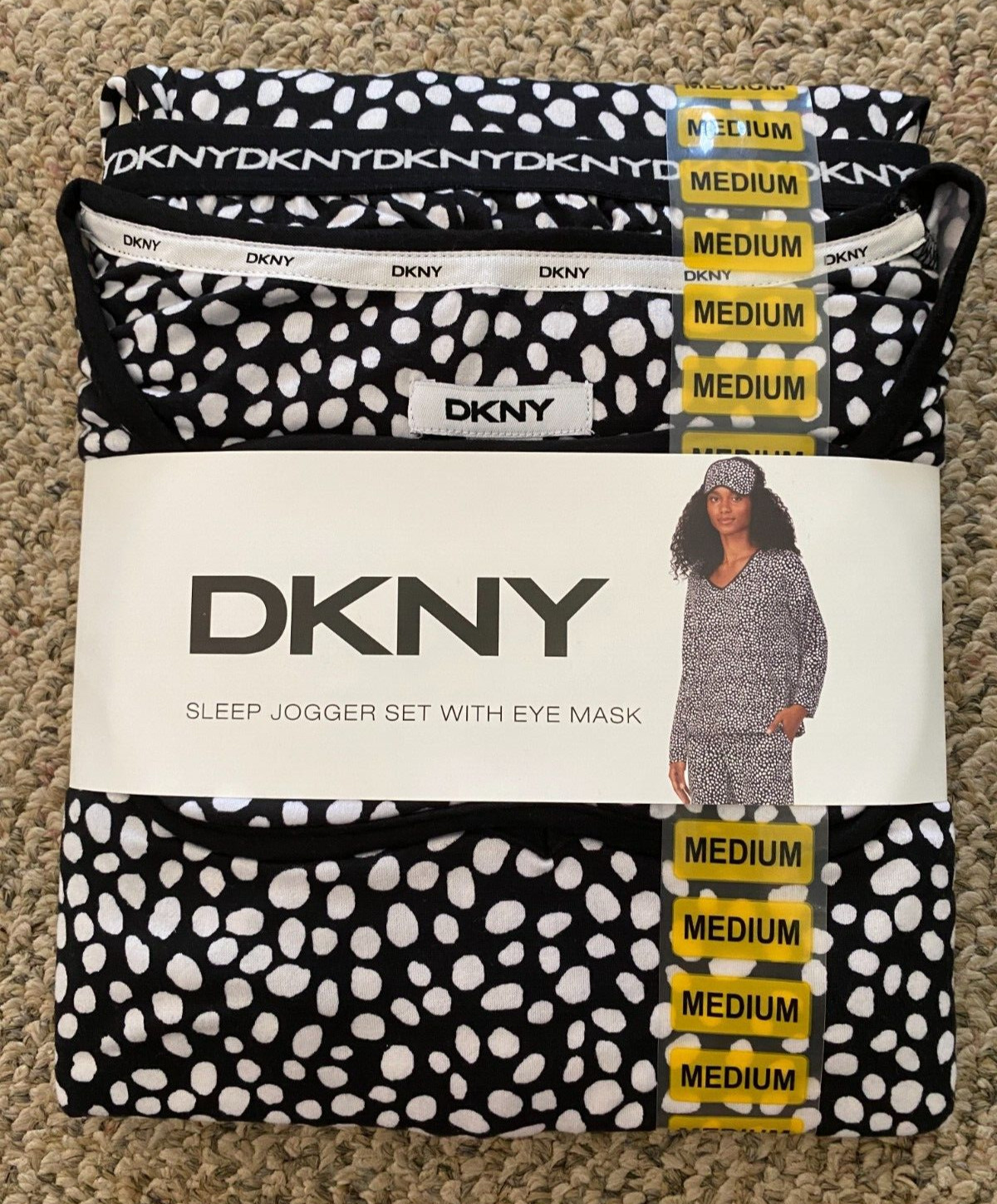 DKNY Jogger Pajama Set with Eye Mask Black Dot Lounge Pajamas Women’s M Medium
