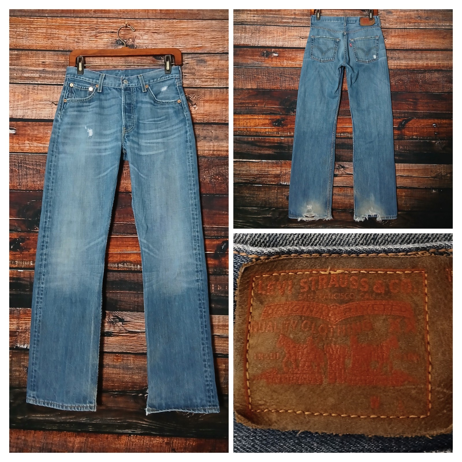 Levis UK Vintage Jeans 501 Button Fly 28X30 Distressed 100% Cotton Blue Denim
