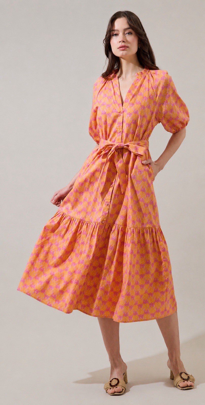 SugarLips Women’s XL Orange/Purple Floral Midi Dress Puff Sleeve Pockets