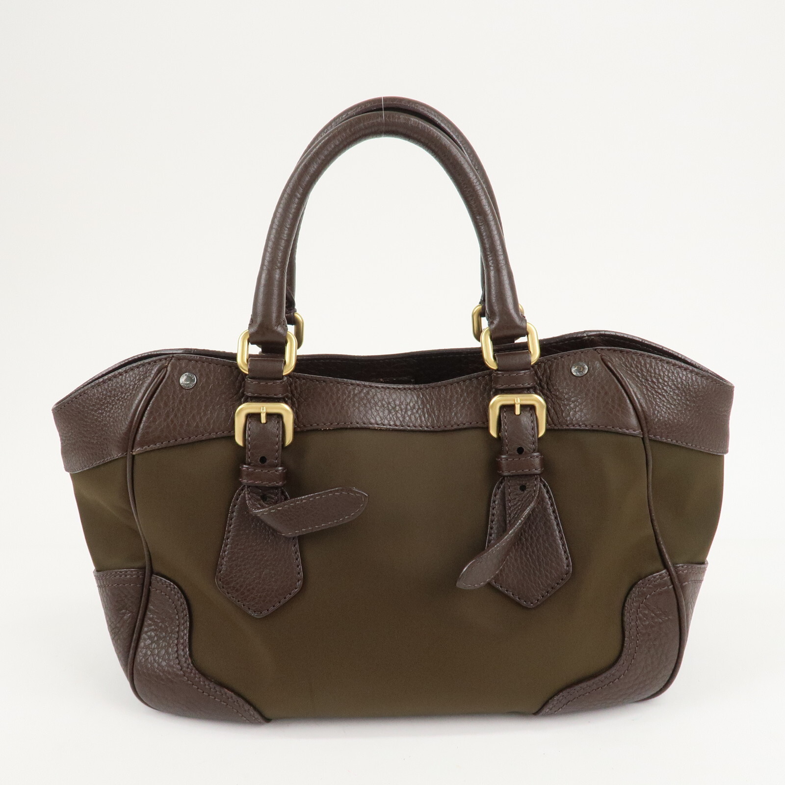 PRADA Logo Hand Bag Kahki Brown Nylon Leather BN1221 Auth Used