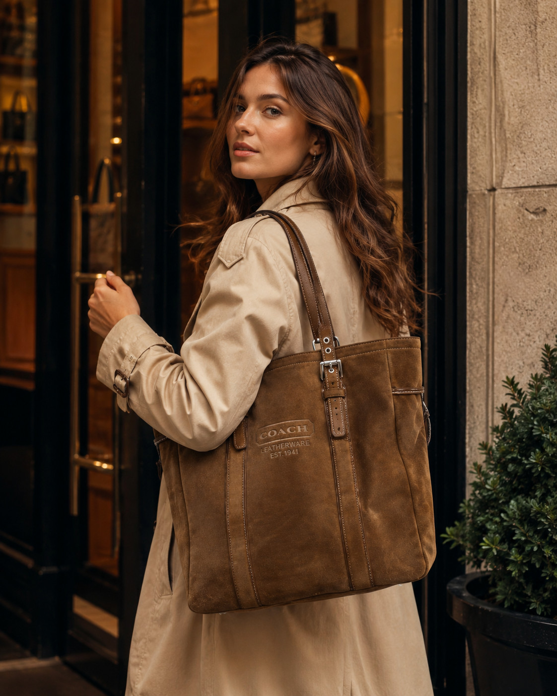 Coach Gallery Large Brown Suede Leather Tote Shoulder Bag Silver Hardware