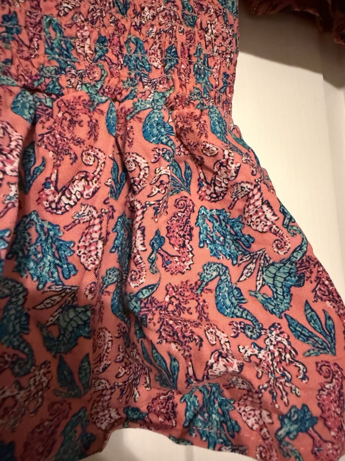 Simply Southern Smocked Seahorse Peplum Top Pink Blue Coastal Flutter Sleeve M⁠