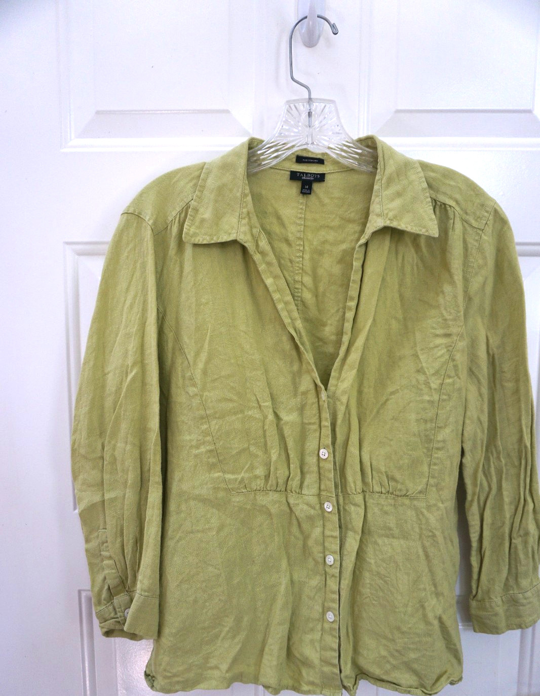 Womens Chartreuse Button Up 3/4 Sleeve Irish Linen Shirt Size 14 Coastal Casual