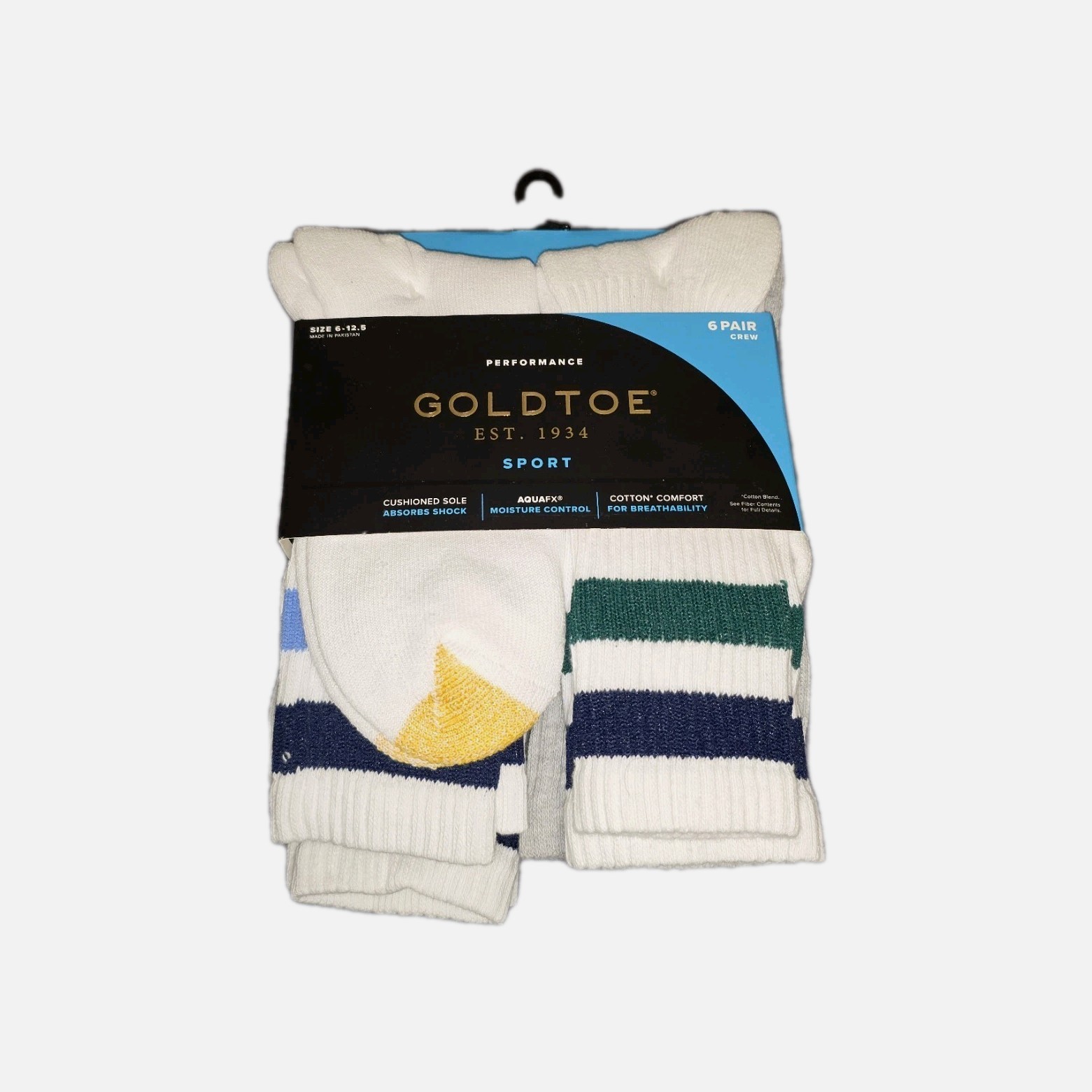 Gold Toe Mens 6 Pair Crew Socks White Striped Sport Cushioned Moisture Wicking
