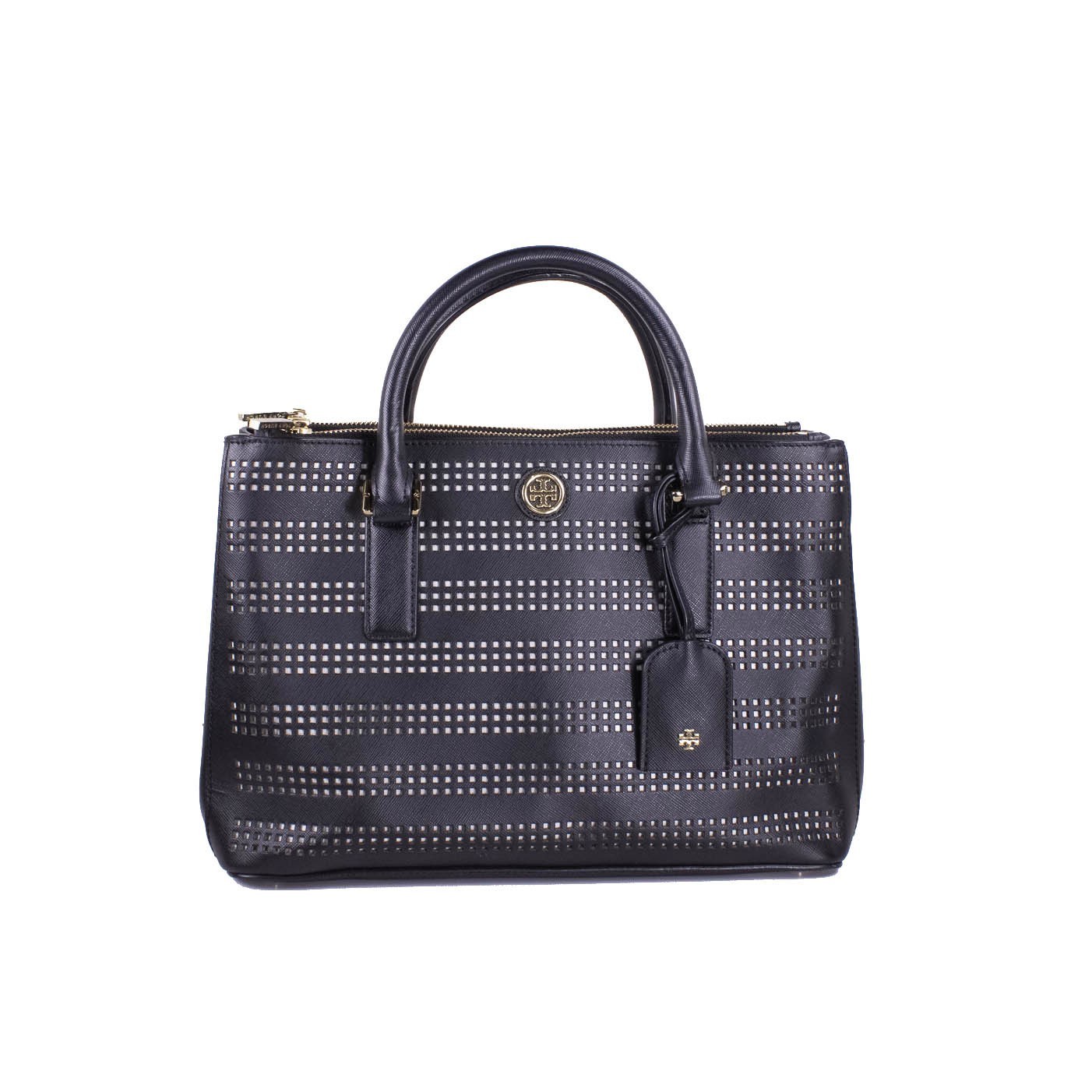 Tory Burch Robinson Perforated Leather Double Zip Tote Black