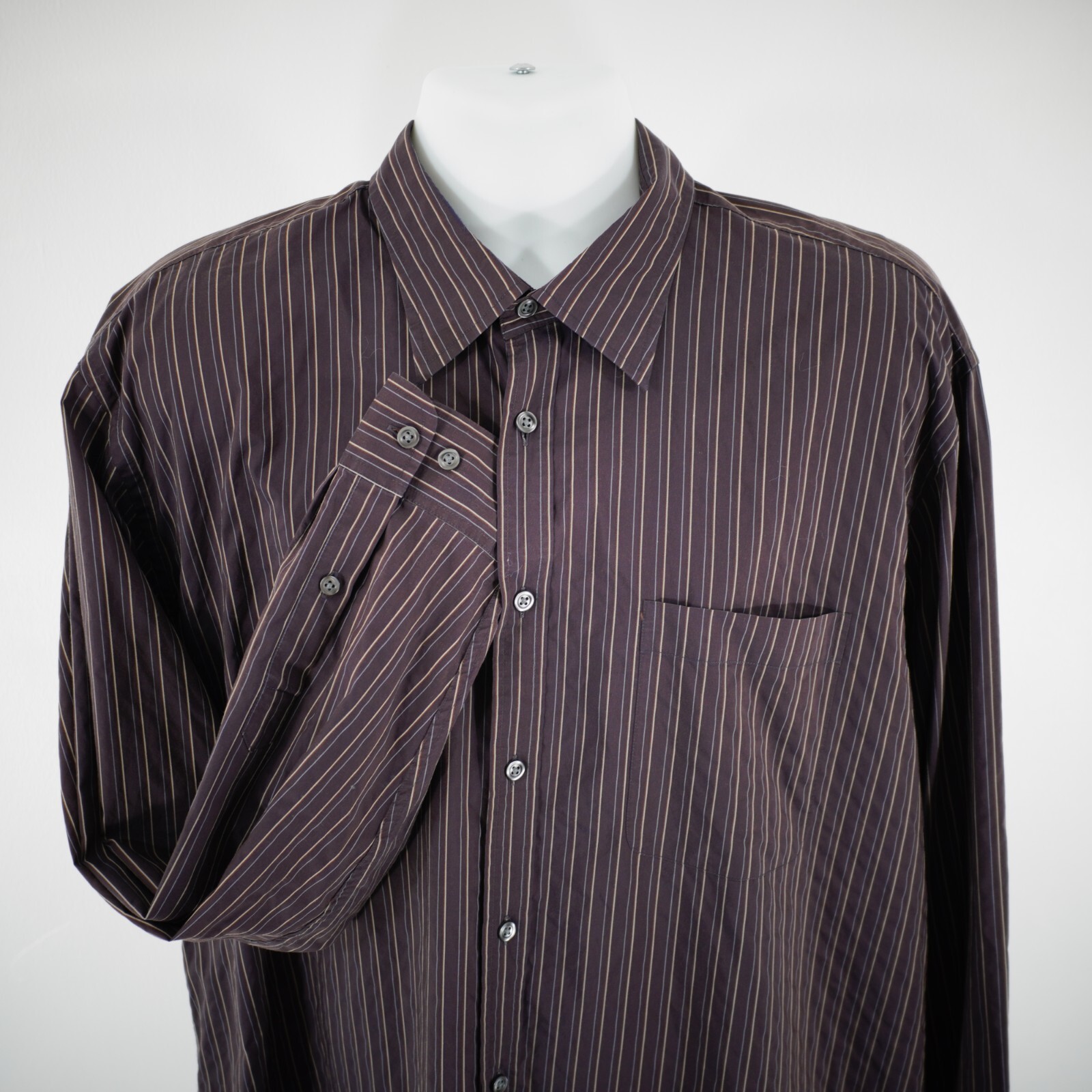 Joseph Abboud Purple Tan Striped Cotton Nylon XL Pocket Collared Dress Shirt