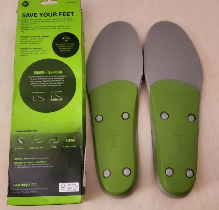 Superfeet Green Insoles Orthotic Arch Support Size D Men’s 7.5-9 Women’s 8.5-10