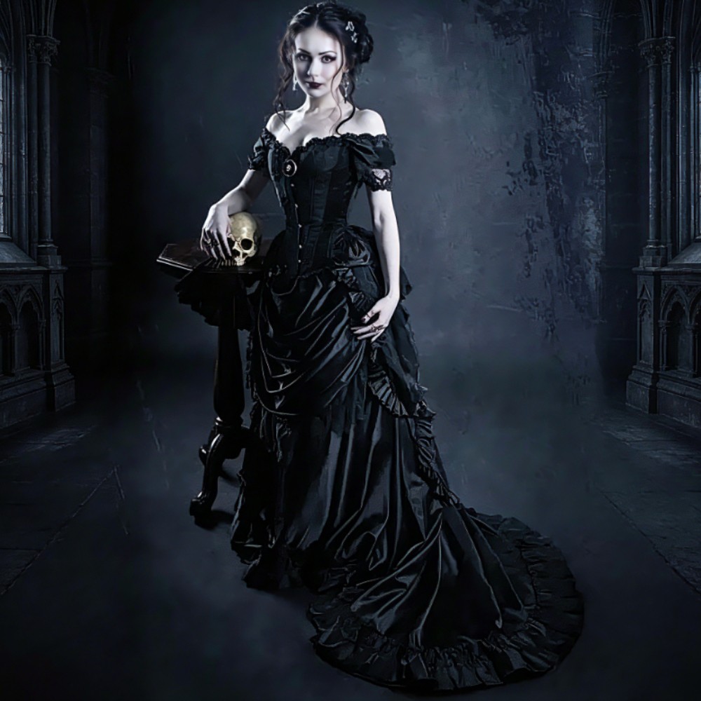 Black Goth Victorian Bustle Prom Gown Gothic stain Victorian Evening Dress