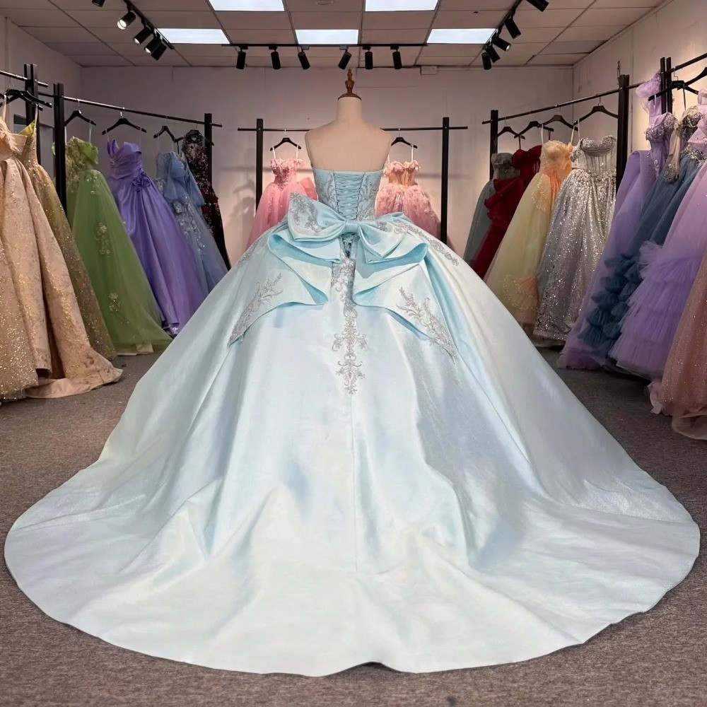 Strapless Sky Blue Satin Ball Gown Rhinestone Wedding Dresses Bow Prom Gown