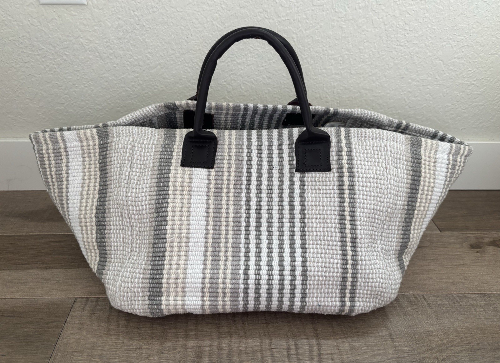 Dash & Albert Handwoven Rug Co. Storage Basket Tote, Leather Handles 100% Cotton