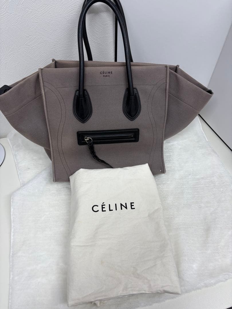 CELINE Luggage Phantom Tote Large Dark Gray Denim Leather Auth Cleaned Bag
