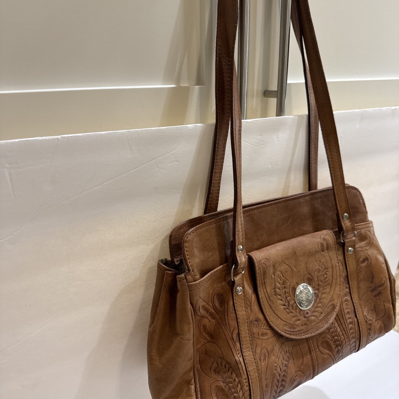 Grants Natural Tooled Leather Western Purse Satchel Made In Paraguay